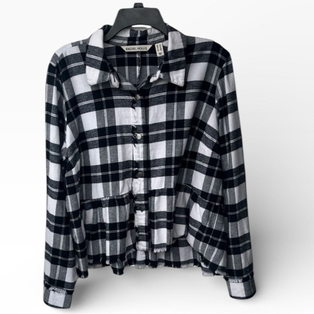 Rachel Hollis Black and White Plaid Button Down Peplum Shirt